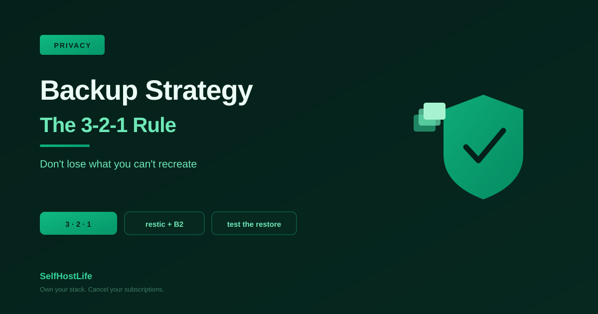 Self-hosting backup strategy 2026 — the 3-2-1 rule in practice