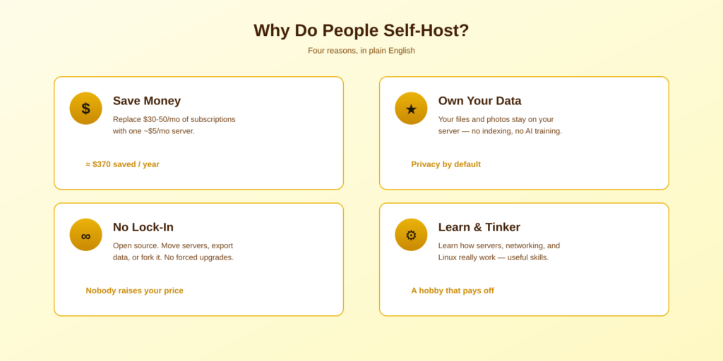 Four reasons people self-host — save money, own data, no lock-in, learn