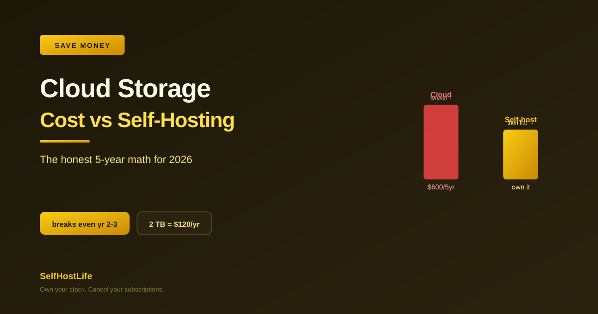 Cloud storage cost 2026 — self-hosting vs Google Drive, iCloud, Dropbox