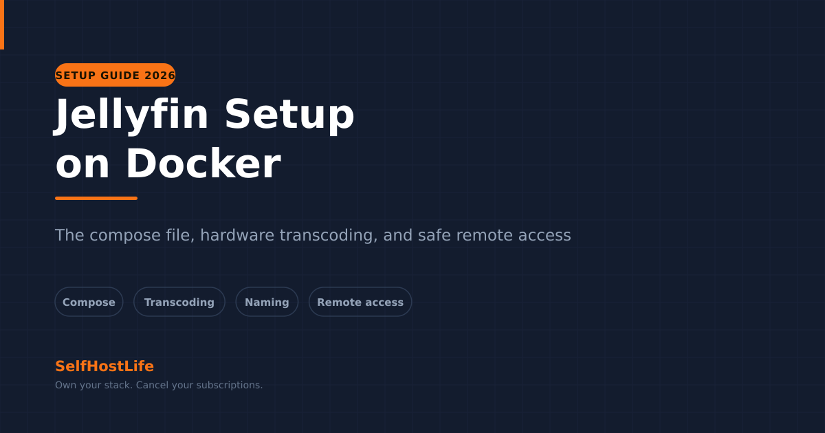 Jellyfin setup — Docker compose, hardware transcoding, library naming, remote access